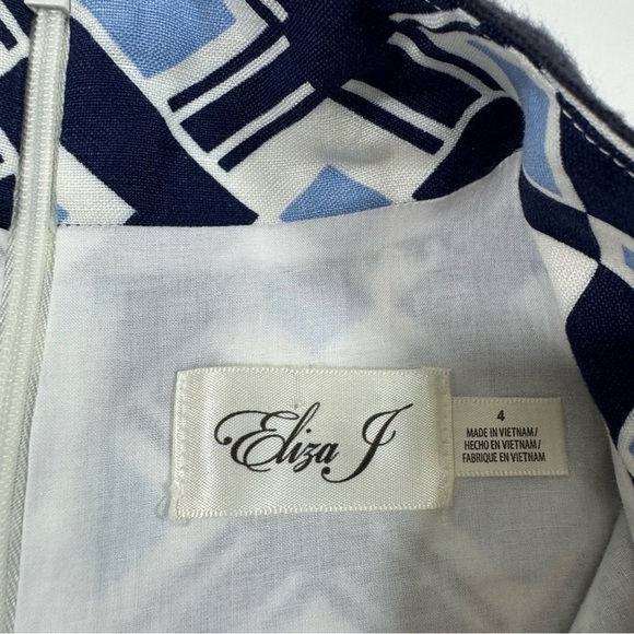 New Eliza J Linen Blend Dress Blue Geometric Print - Picture 4 of 6
